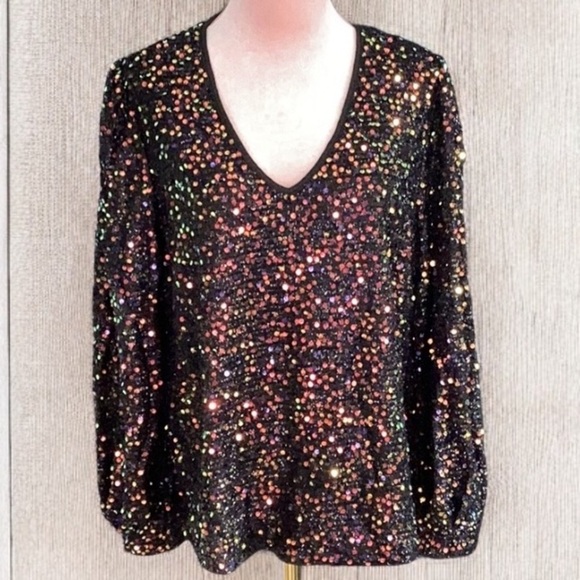 Sequin Shine Multicolor Fabric Long Sleeved Blouse New Sparkly Party Large - Picture 2 of 7